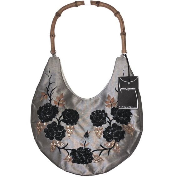 Motiva P. Tompkins Handbags - NWT Movita Fabric Shoulder Bag Black Gold Sequins Floral Pattern Bamboo Handles